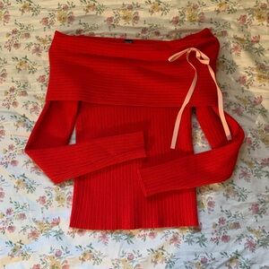 Red off the shoulder too with bow